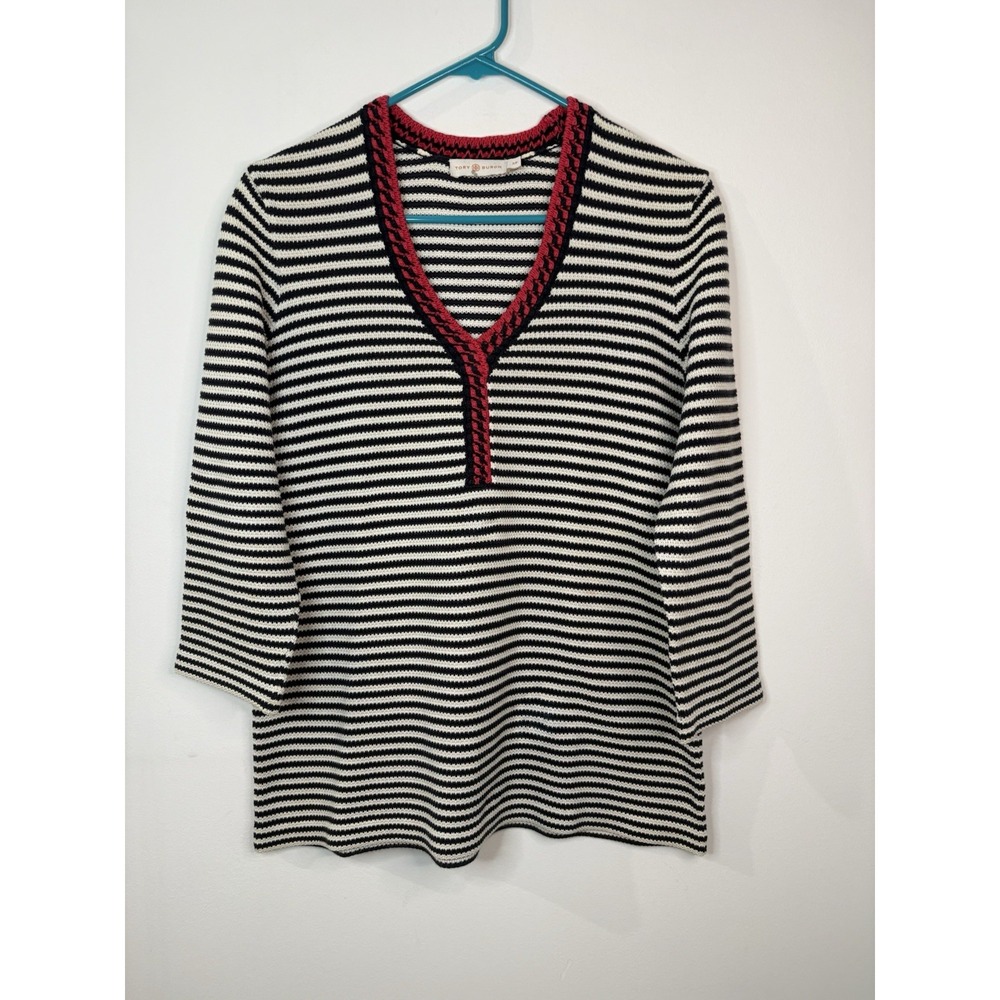 Tory Burch Sweater Women's Size S/P Striped V-neck Pullover 3/4 Sleeve Cotton - Picture 1 of 13